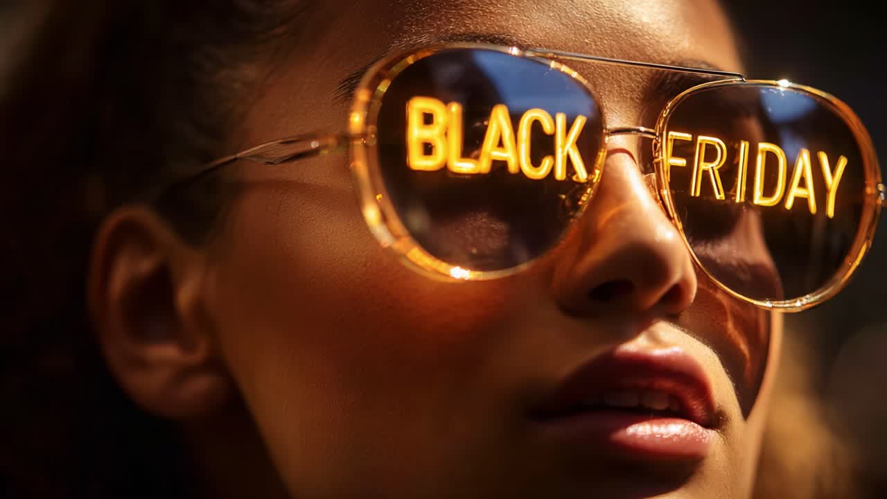 A Close-Up of a Fashionable Individual Wearing Reflective Sunglasses with the Words 'Black Friday' Illuminated, Capturing the Excitement of a Shopping Holiday in a Stylish Way