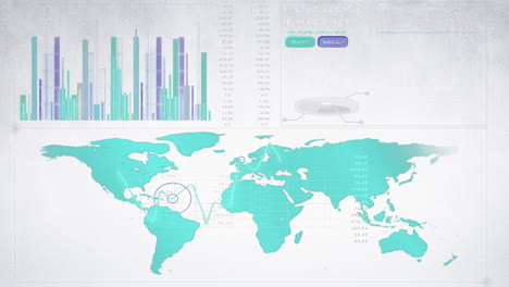 animation of world map, line, bar graph, index on computer graphic interface