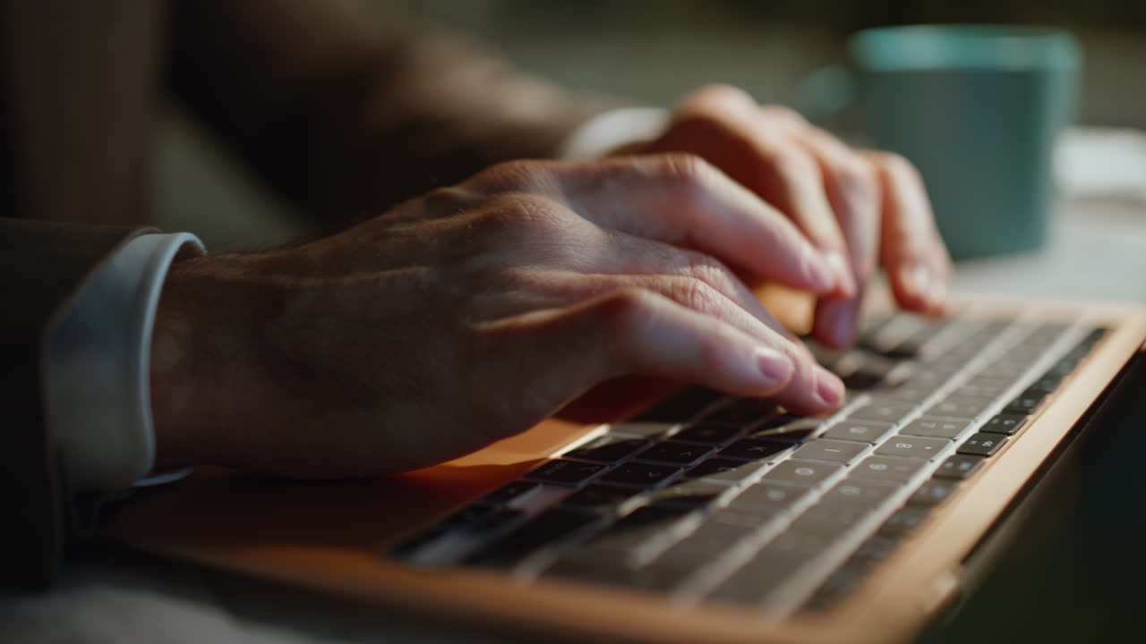 Night worker fingers typing keyboard online research closeup. Unknown manager