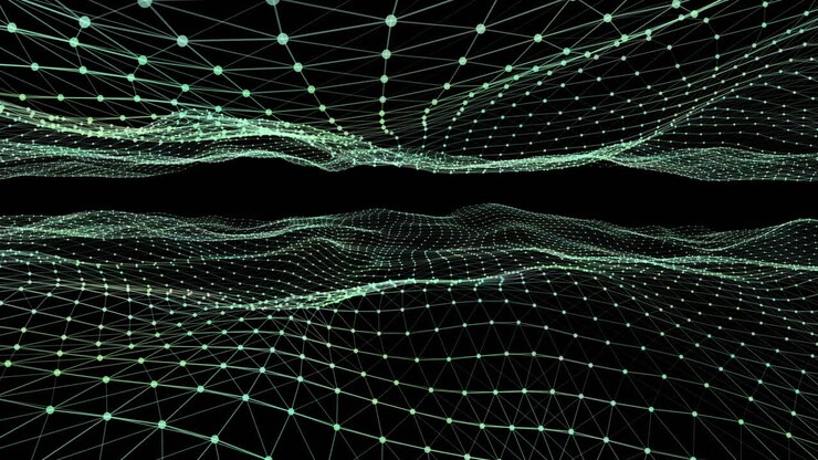 Glowing green mesh waves against black background