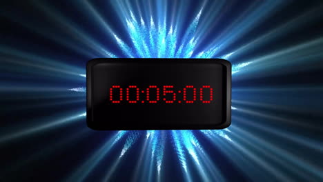 animation of red digital timer changing with blue light trails on black background