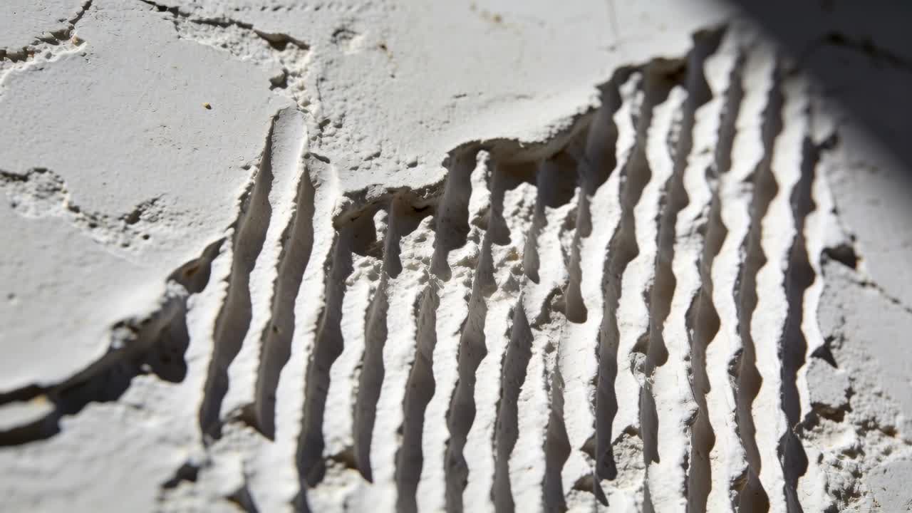 La telecamera si sposta in avanti e si inclina, rivelando in primo piano una toppa di intonaco bianco con i solchi della cazzuola.