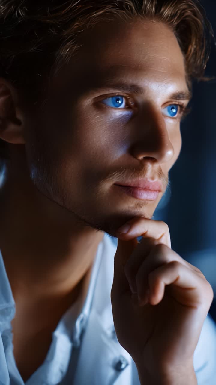 Un joven reflexivo con impactantes ojos azules inmerso en la contemplación, mostrando una expresión pensativa y rasgos faciales cautivadores con iluminación suave