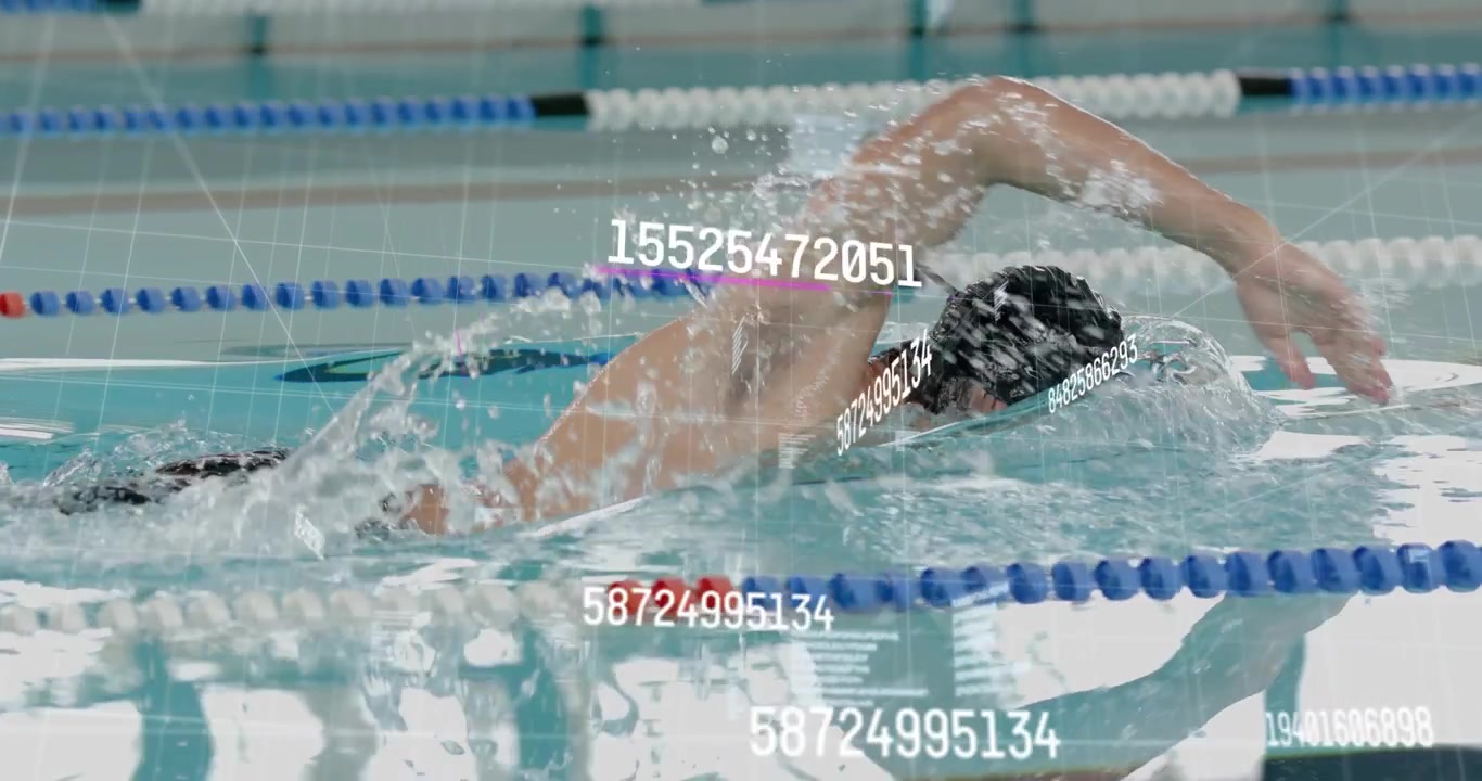 Swimmer pushing off pool wall and analyzing front crawl technique with digital sports data overlays