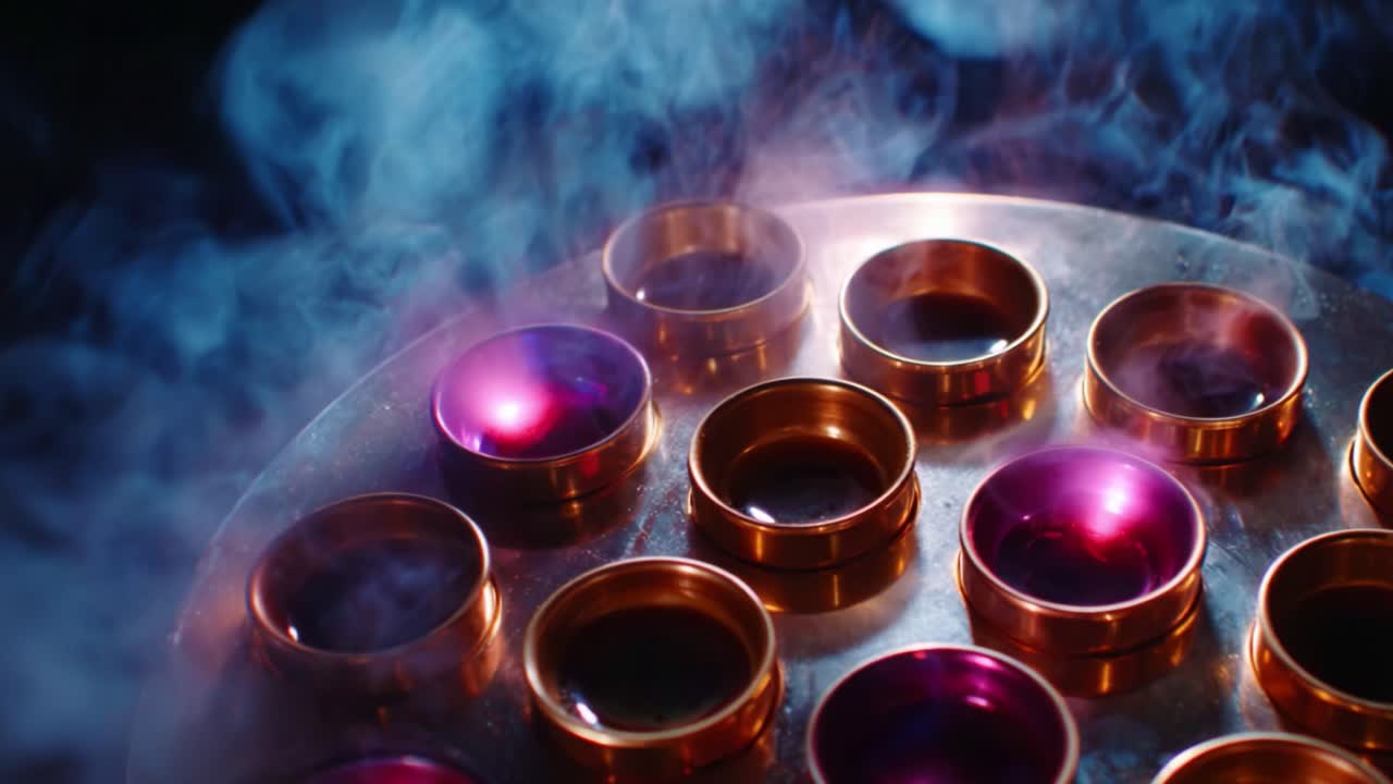 Mesmerizing Patterns of Colorful Copper Cups Glowing Amidst Mystical Smoke in Captivating Close-up Video Frames Highlighting Unique Visual Aesthetics
