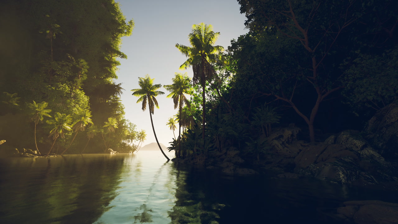 Scenic nature scene bright river landscape with tropical flora