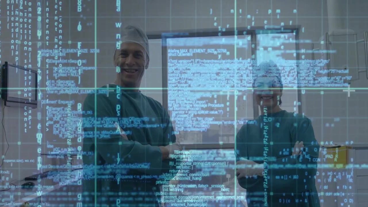 Translucent blue grid shifting, revealing two surgeons conversing and coordinating surgery plan