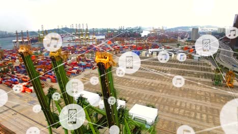 Animation-of-connected-icons-over-aerial-view-of-containers-kept-in-yard-in-background