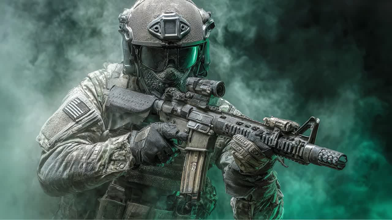 Un soldato furtivo in equipaggiamento tattico mira con precisione, circondato da un misterioso fumo verde, evidenziando l'intensità delle operazioni di guerra moderna.