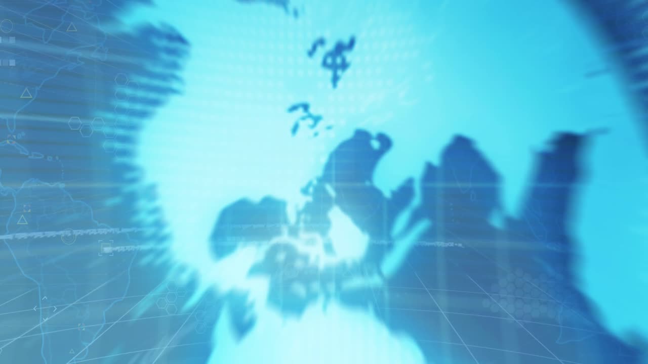 지구와 세계 지도에 대한 컴퓨팅 데이터 처리의 애니메이션