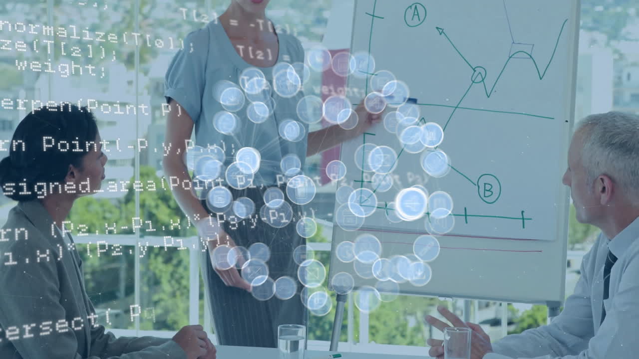 анимация обработки данных и иконки над различными деловыми людьми, обсуждающими работу в офисе