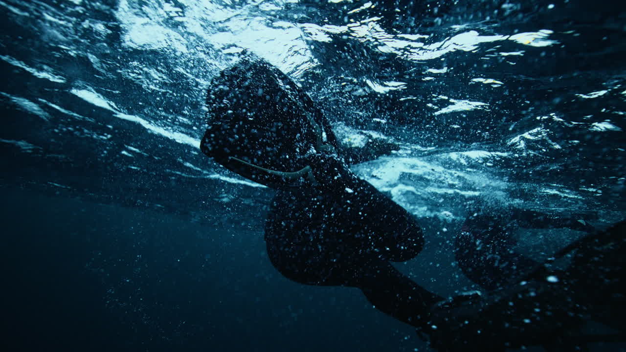 Gruppo di subacquei che nuotano sott'acqua attraverso il buio oceano Artico con bolle che seguono