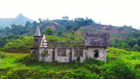 close up of old empty building in the green jungle