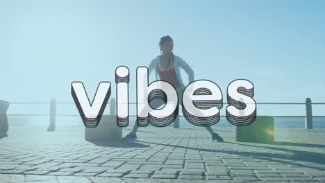 retro style vibes text against african american woman performing stretching exercise on promenade