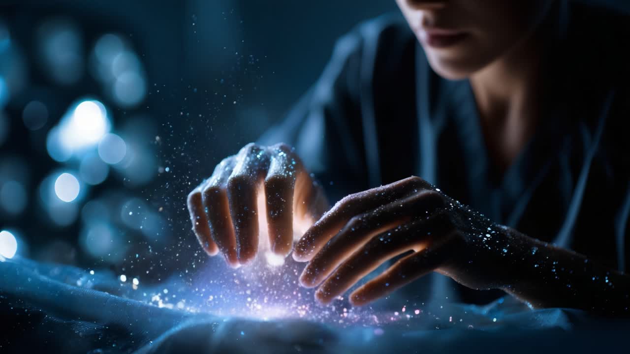 Un momento di creazione coinvolgente: una persona che manipola particelle eteree e luce, sfruttando il potere dell'immaginazione e le meraviglie dell'universo