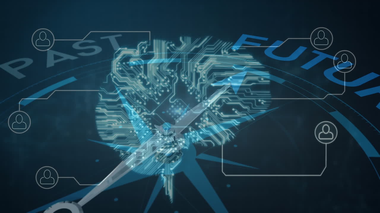 Future past compass over futuristic brain.