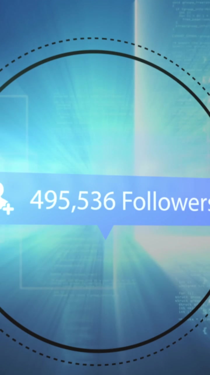 Animation of profile icons with increasing followers against data processing and light spots