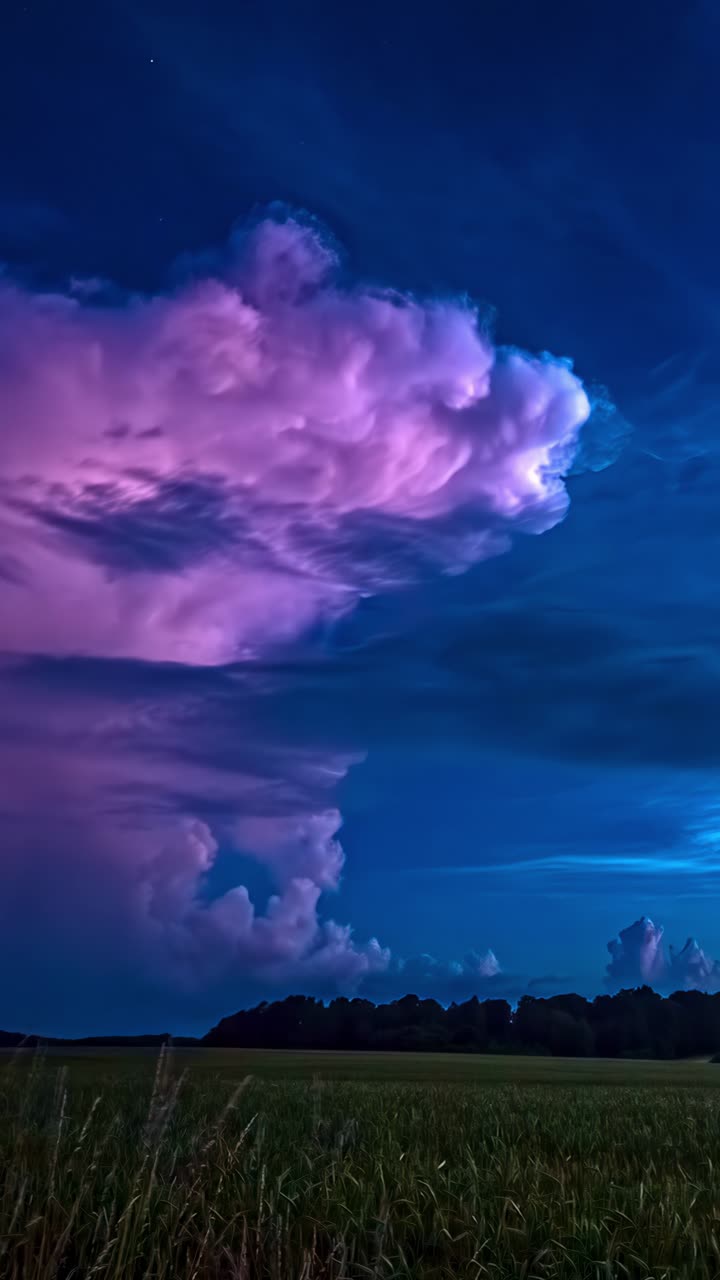 Vibrant pink clouds in a dramatic evening sky over open fields