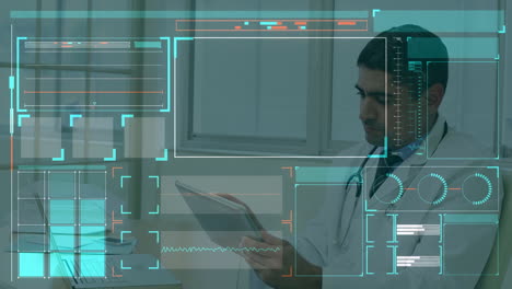 animación del procesamiento de datos médicos sobre un médico masculino biracial que usa una tableta