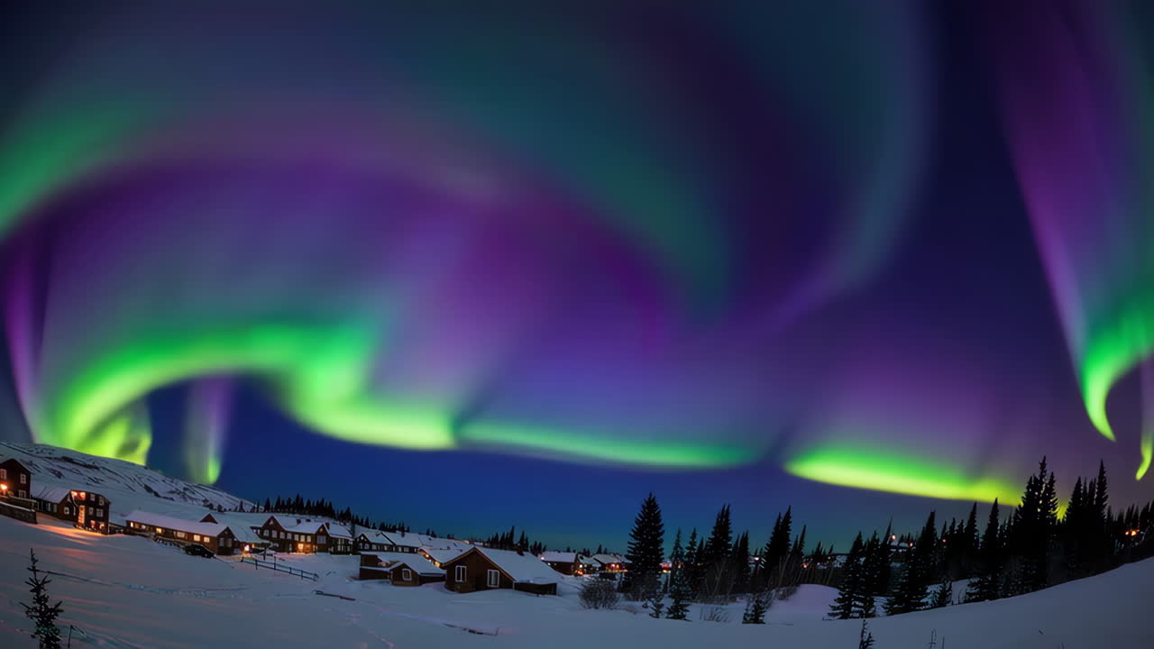 Aurora Borealis over a Snowy Village