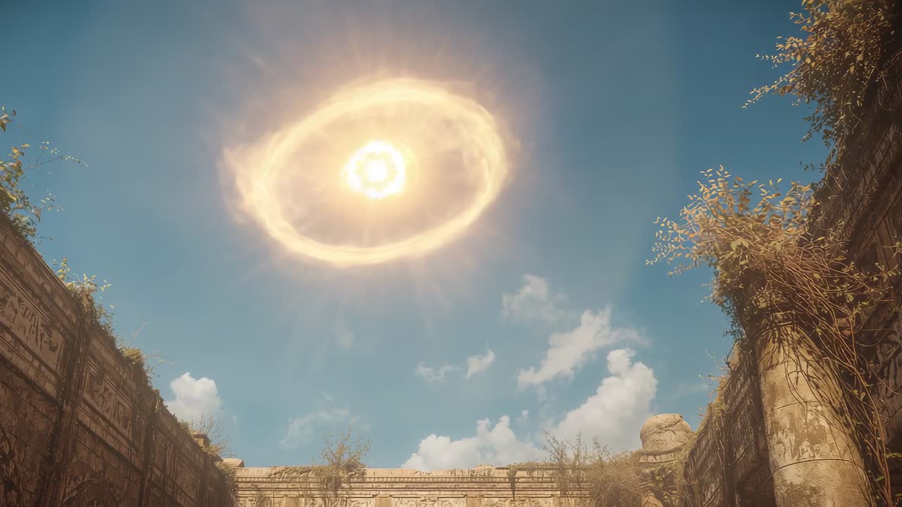 Expanding glowing energy ring emerging from sky point above courtyard, illuminating carved walls