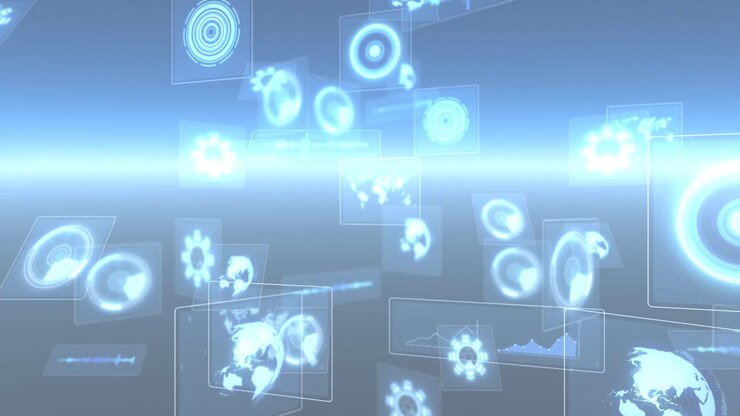 Animation of scopes scanning, world map, data processing on screens over globe with glowing horizon