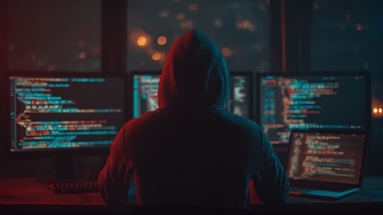 A solitary figure immersed in a digital world, coding intently as multiple screens illuminate the dark room with vibrant lines of code and glimmering lights