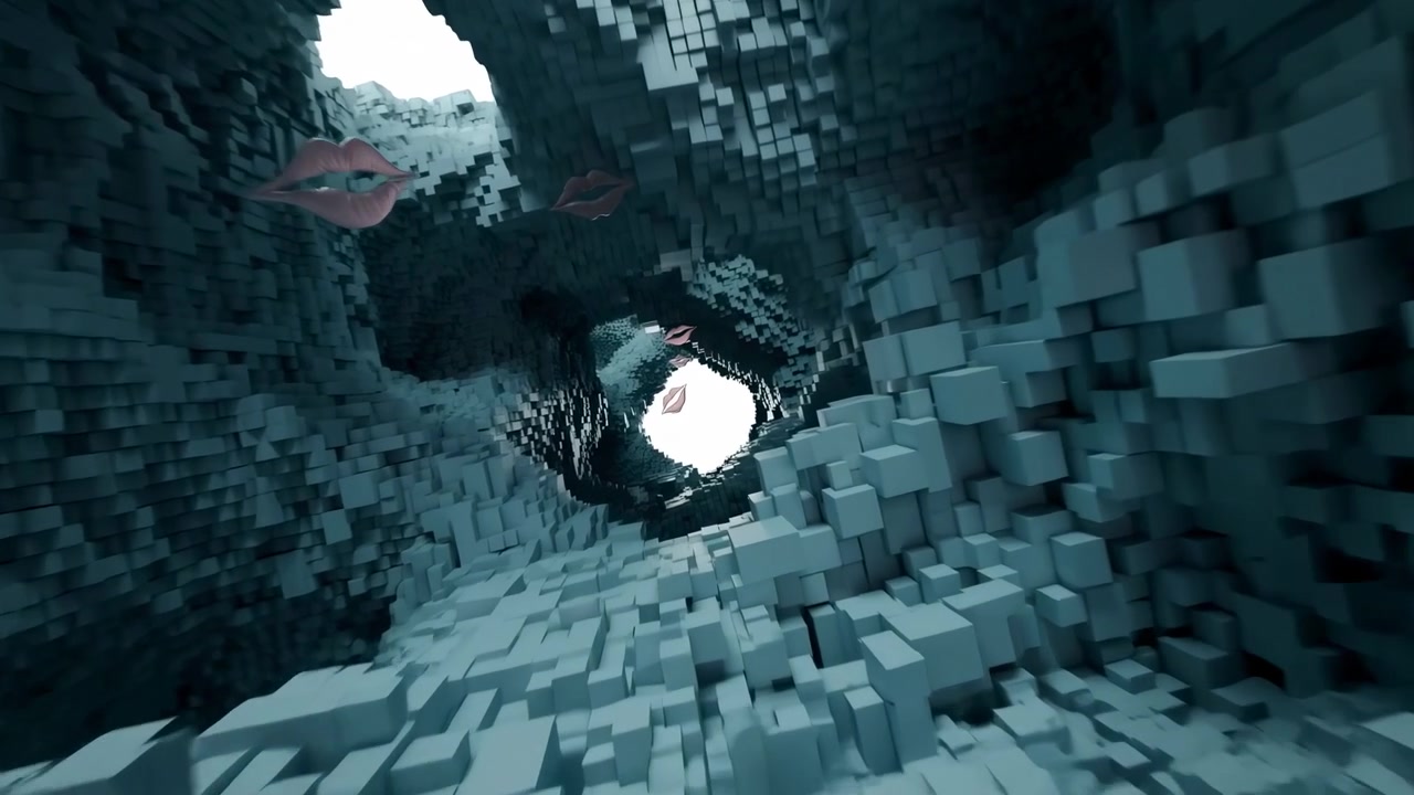 Tunnel di cubi digitali scuro con labbra, POV drone attraverso formazioni di voxel vorticose, illuminazione blu-verde acqua ed effetto eco.