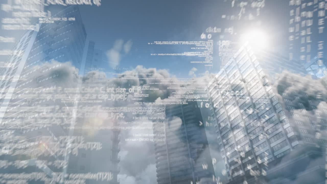 현대 도시 풍경 위의 데이터 처리 애니메이션