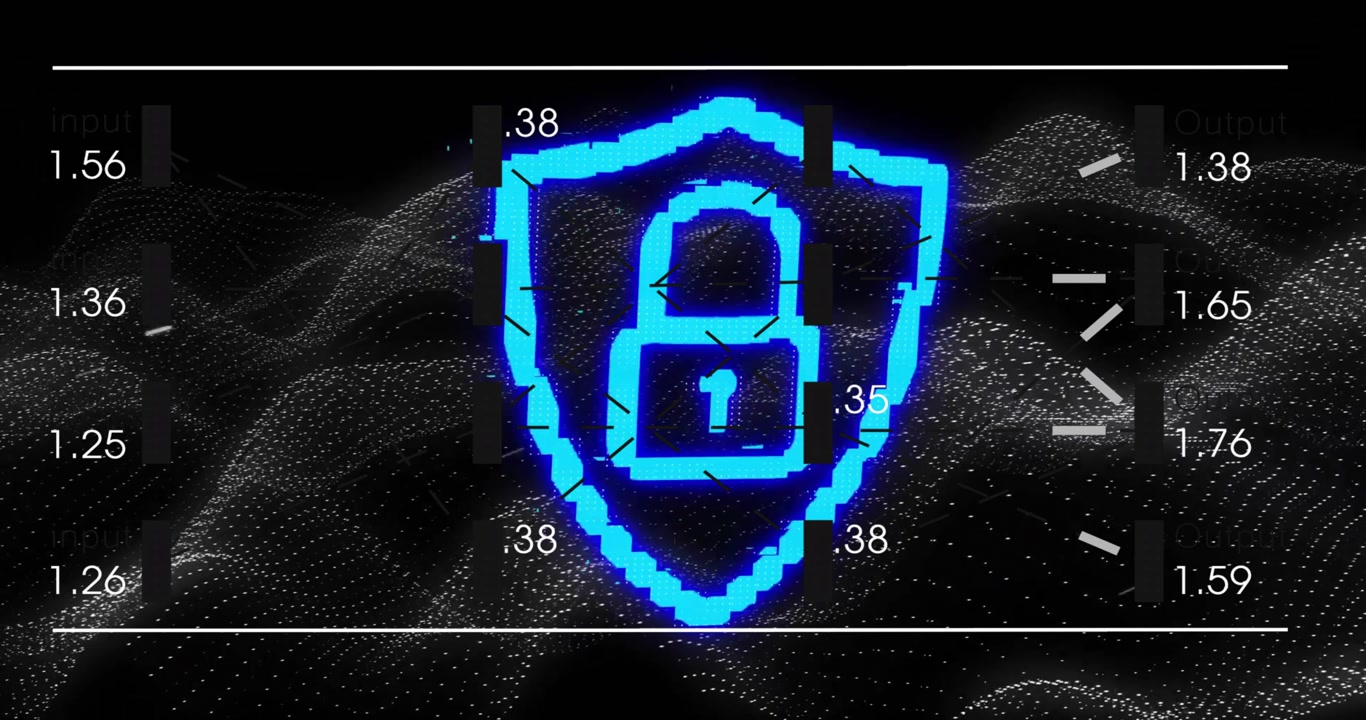 Flowing white waves sparking blue shield assembling padlock forming representing secure lock