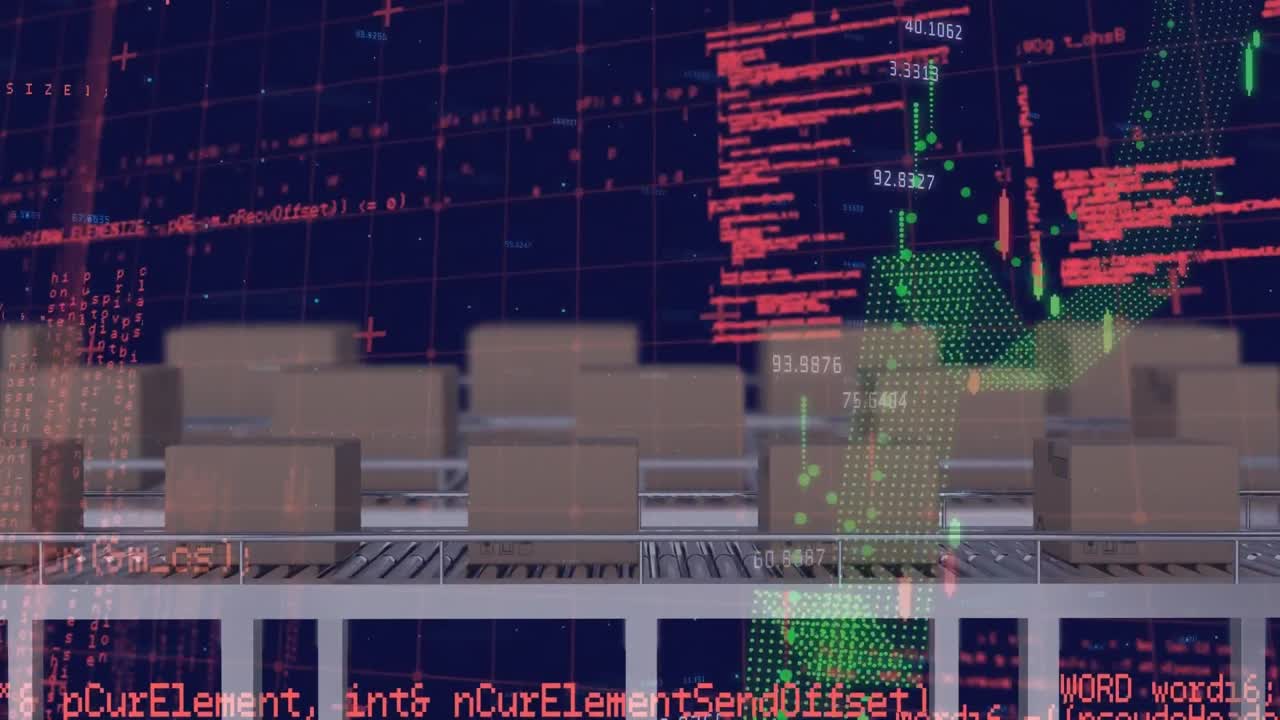 컨베이어 벨트에 있는 상자 위에서 금융 데이터 처리의 애니메이션