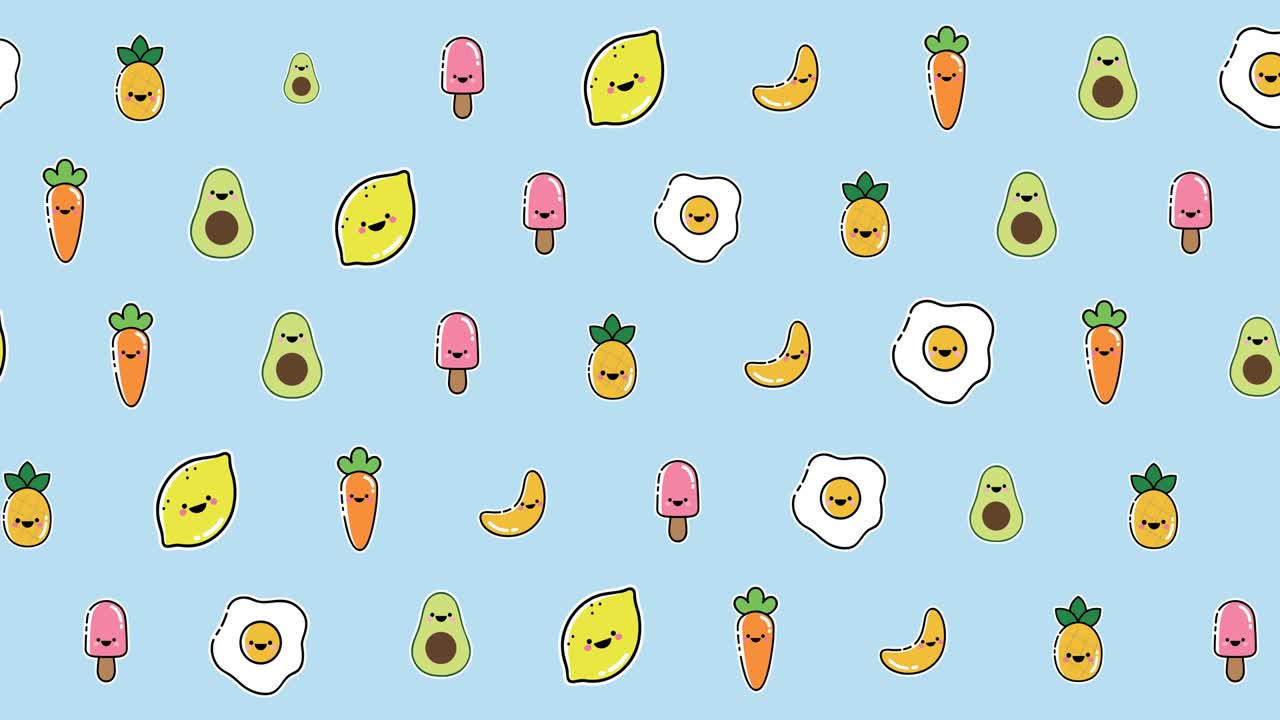 파란색 배경에 떠다니는 다양한 만화 음식의 애니메이션