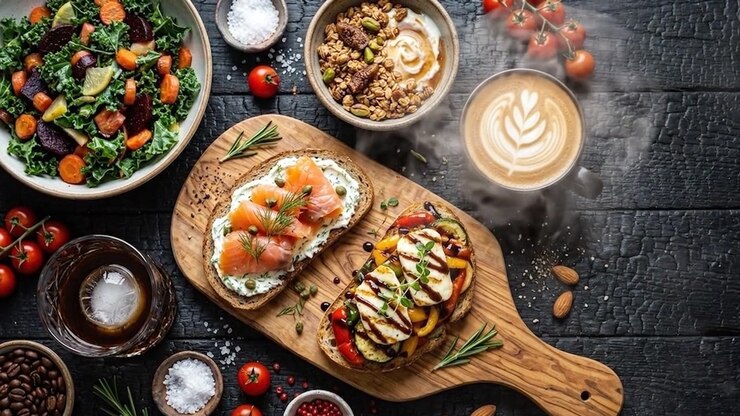 Colazione gourmet con toast al salmone affumicato e latte macchiato fumante