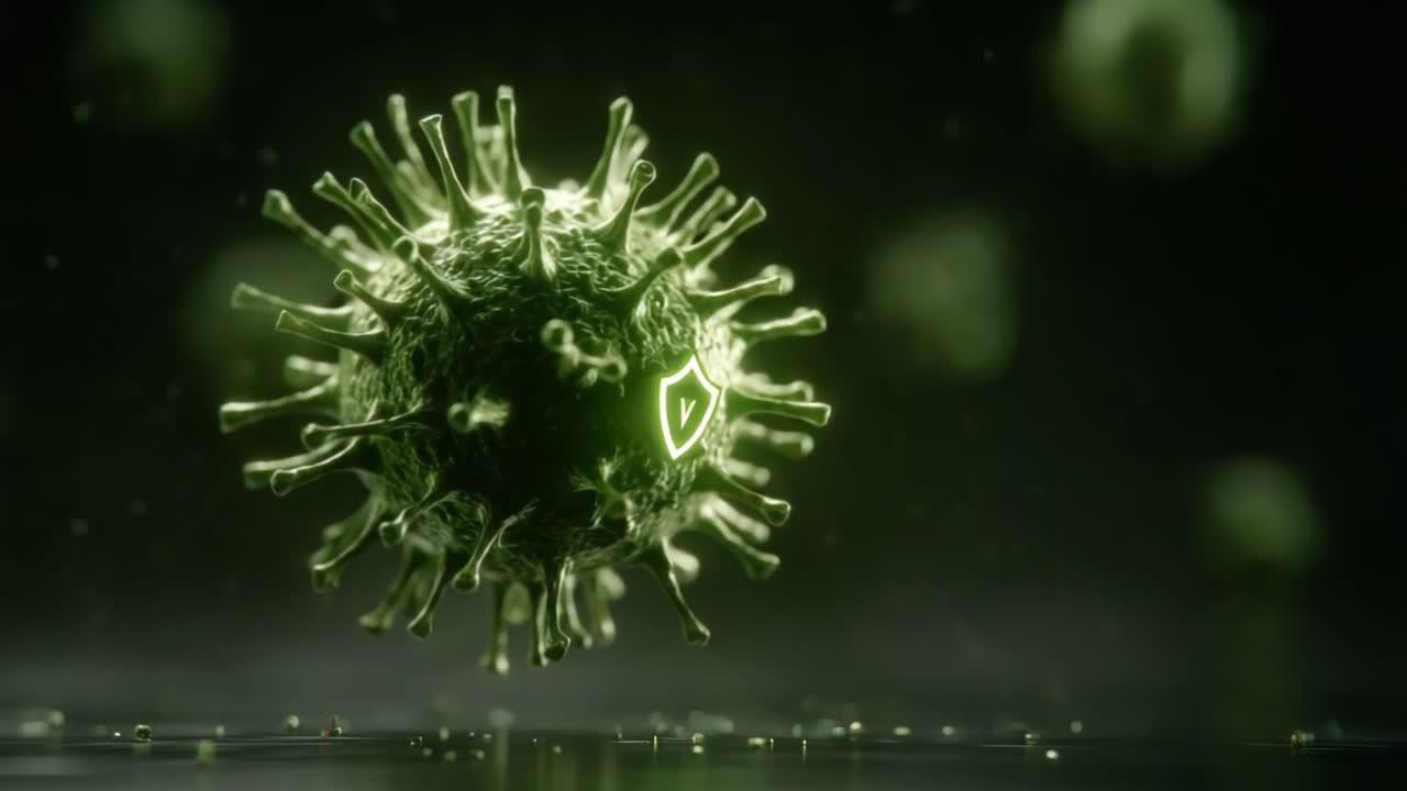 Un Fascinante Primer Plano de una Partícula de Virus Verde, Mostrando Estructuras Intrincadas y un Símbolo de Escudo Único Contra un Fondo Oscuro