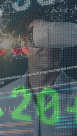 animación del procesamiento de datos sobre el hombre caucásico con auriculares vr