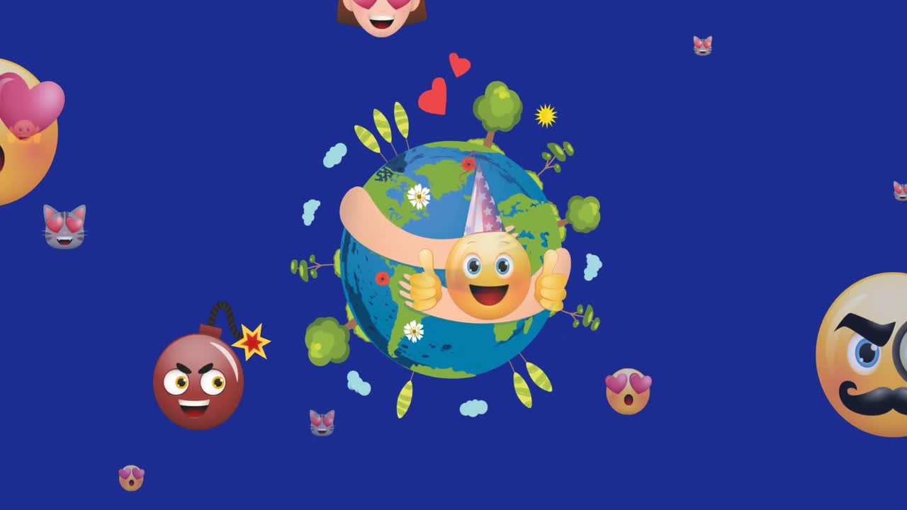 Animação de emoticons flutuando sobre mãos segurando um globo em fundo azul
