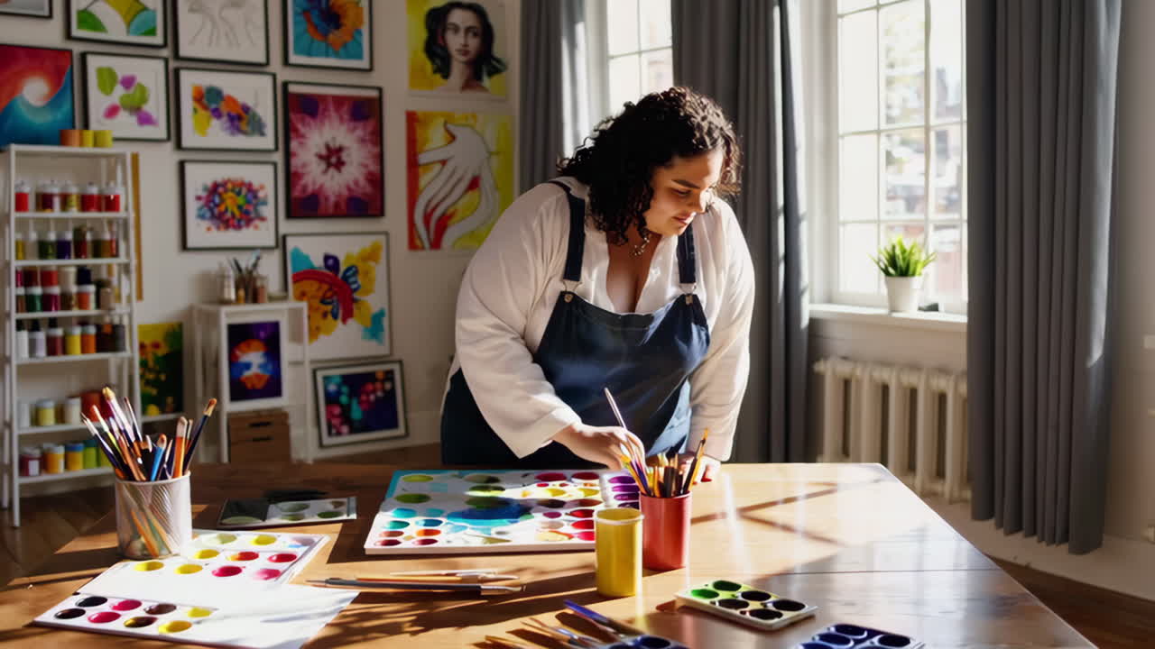 Woman Painting Watercolors in Art Studio