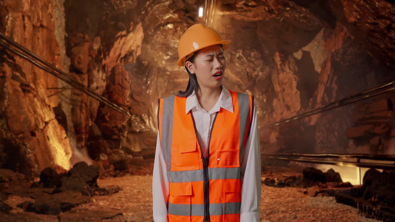 Wondering Asian Female Engineer With Safety Helmet Working Doubtfully In Underground Mine Tunnel