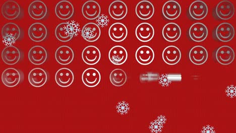 Animation-of-snowflakes-icons-over-multiple-smiling-face-emoji-icons-against-red-background