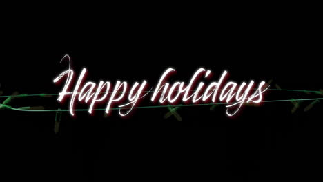 animation of happy holidays text with illuminating string lights on black background