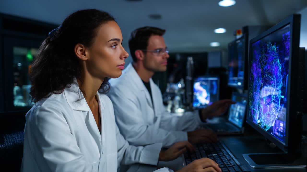 A dedicated team of scientific professionals in lab coats analyzes complex data on advanced computer screens, driven by passion for technology and discovery in a high-tech research environment
