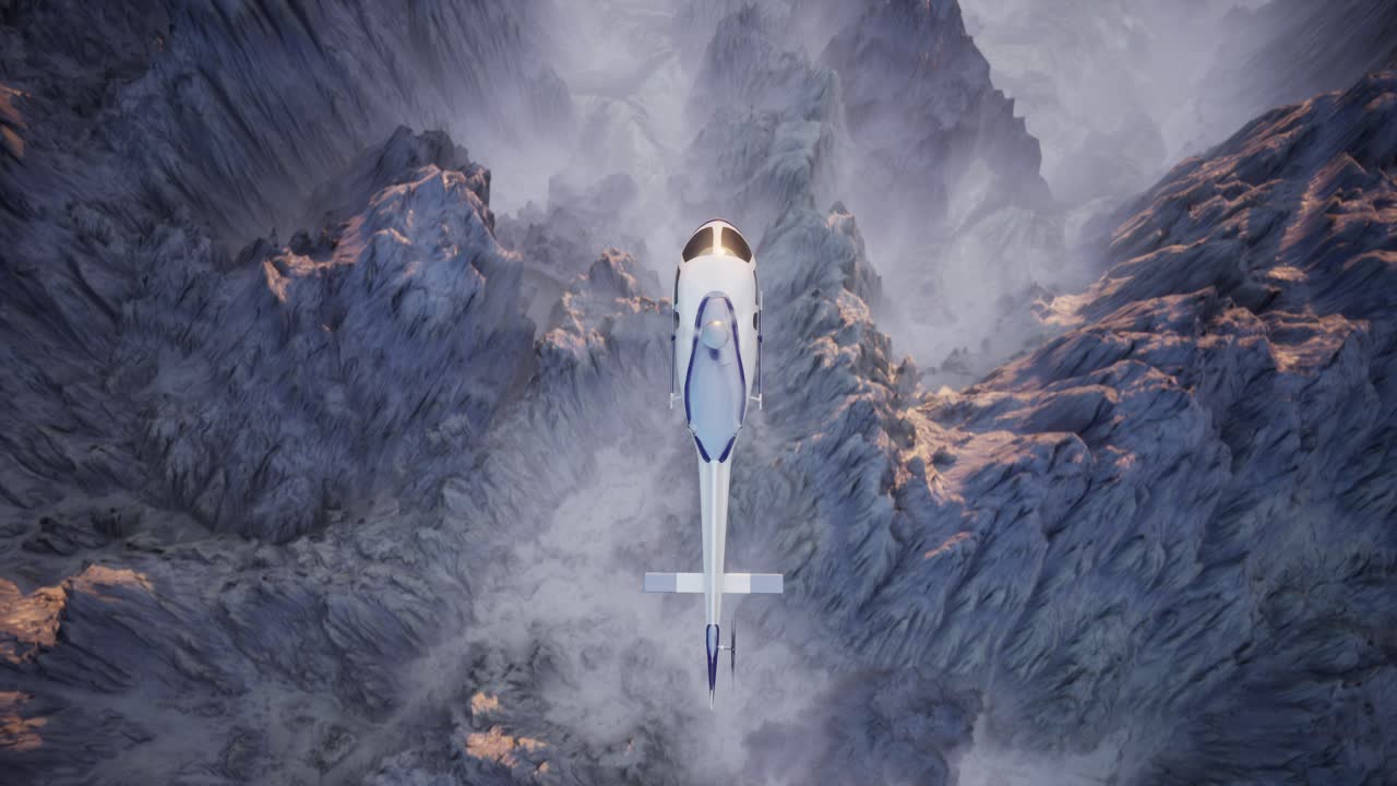 Top Down View Of Modern Helicopter Flying Through Foggy Mountain Canyons