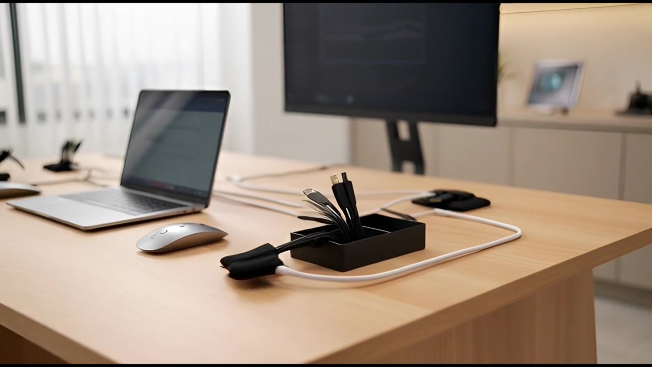 Modern Desk Setup with Organized Cables and Technology