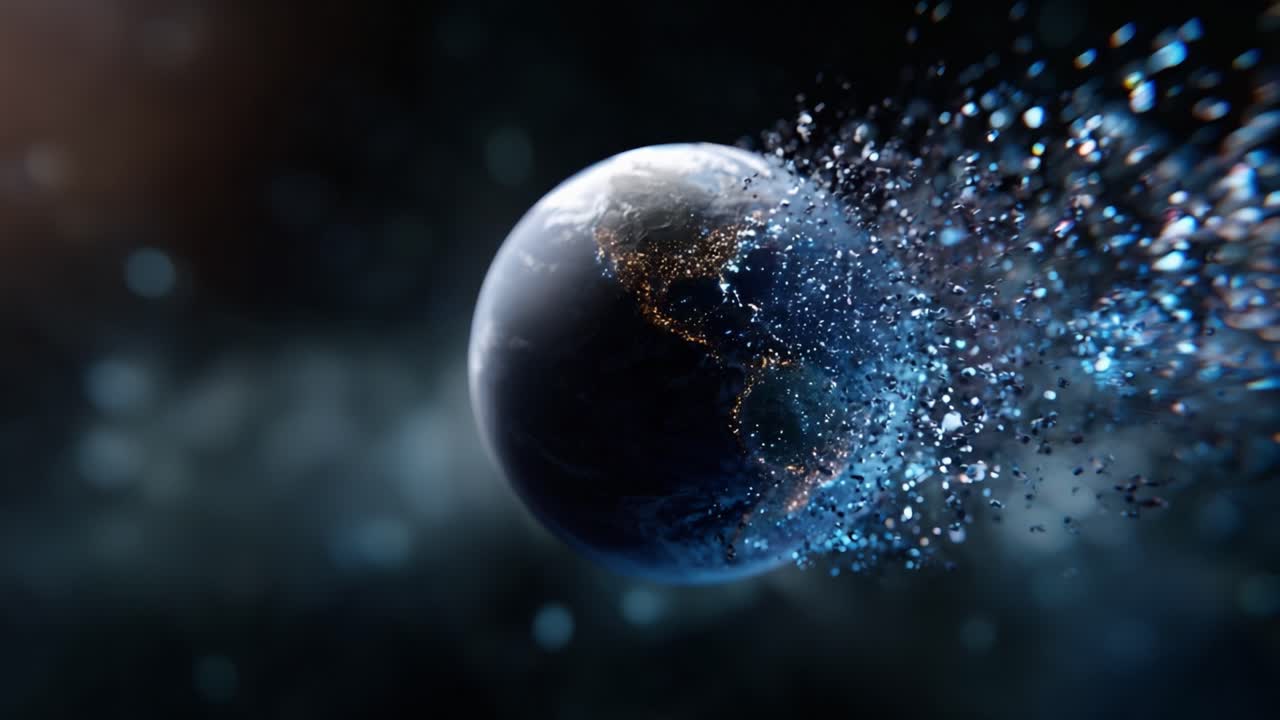 A Stunning Visual of Earth Fragmenting into Particles, Capturing the Fragility and Beauty of Our Planet Amidst Enigmatic Cosmic Surroundings