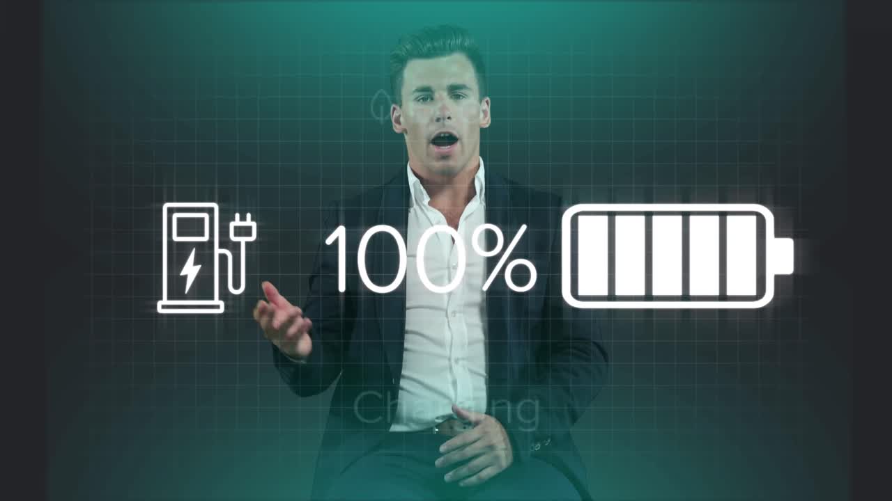 카메라를 바라보는 백인 사업가에 대한 자동차 충전 인터페이스의 애니메이션