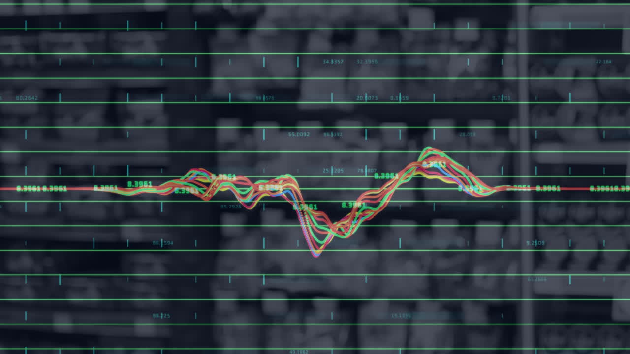 Animation of financial data processing over dark background