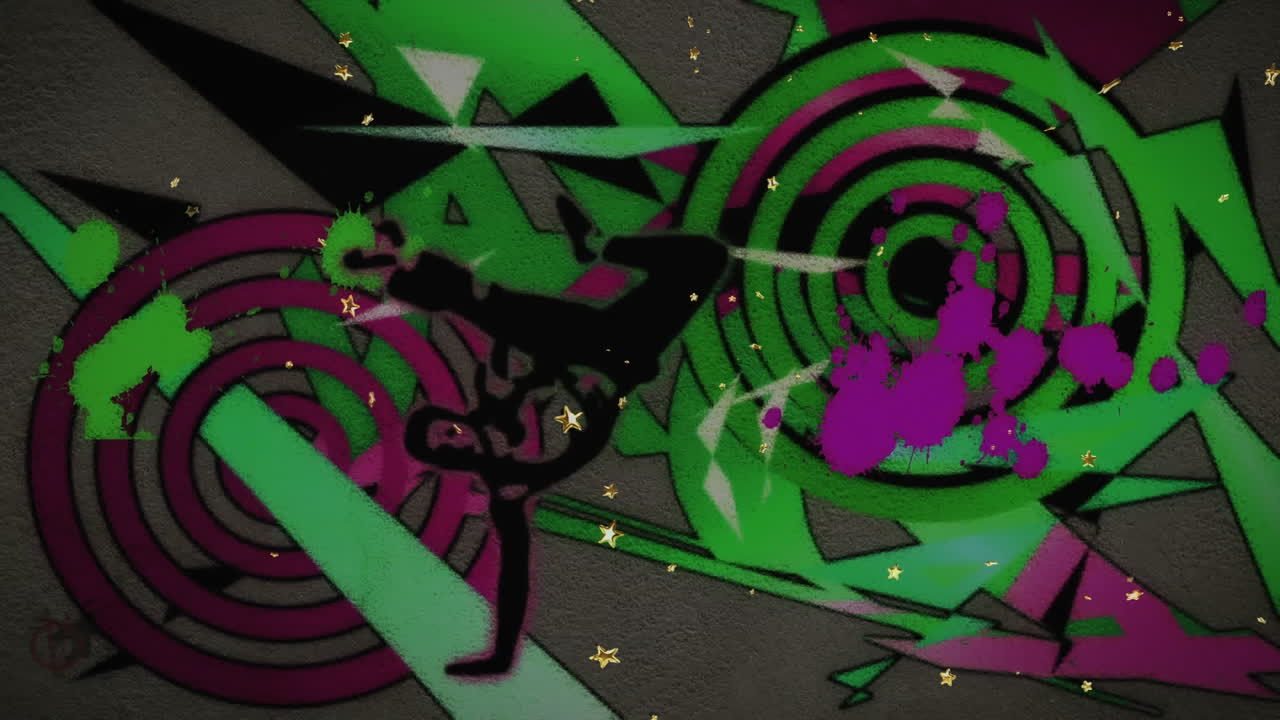 Silhouette di breakdancer su sfondo di graffiti colorati con animazione di stelle