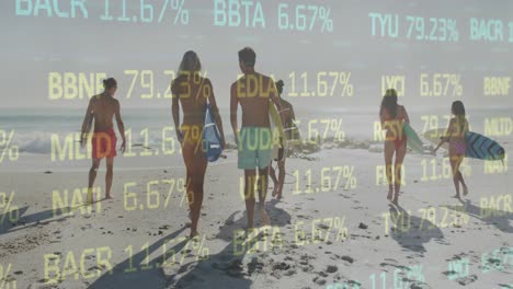 animation of financial data processing over friends on beach