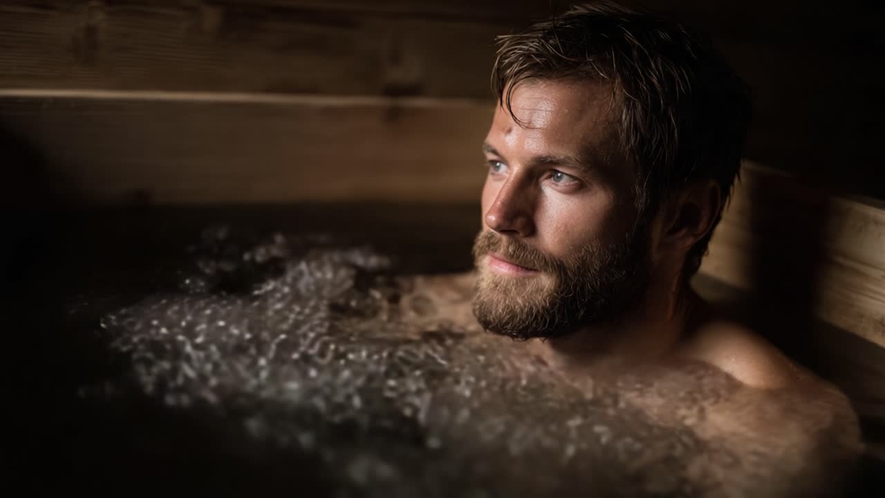 Un sereno momento di riflessione: un uomo si rilassa in una sauna di legno, godendosi la tranquillità e la quiete solitaria, avvolto da un leggero vapore