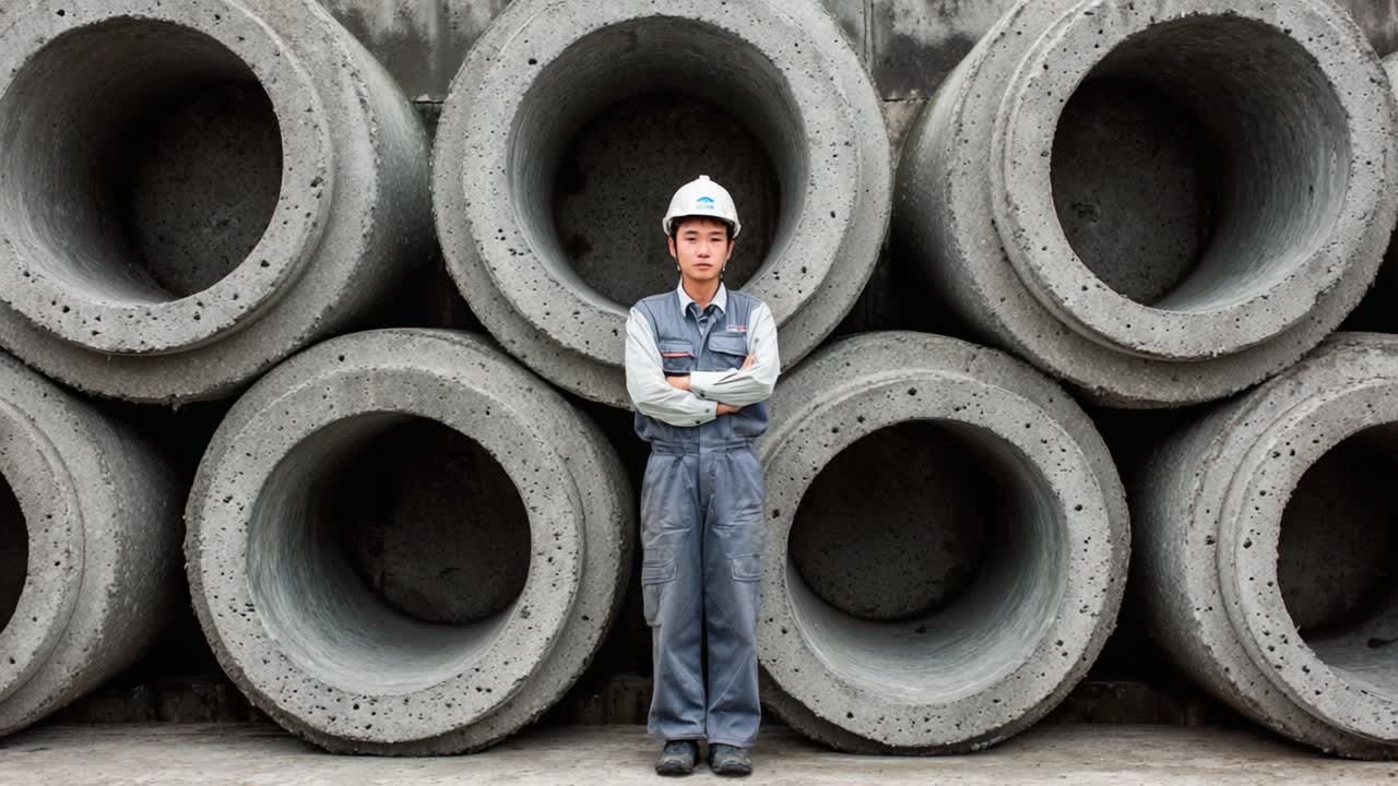 A Young Construction Worker Poses Confidently Amidst Large Concrete Pipes, Showcasing Dedication and Skill in the Construction Industry